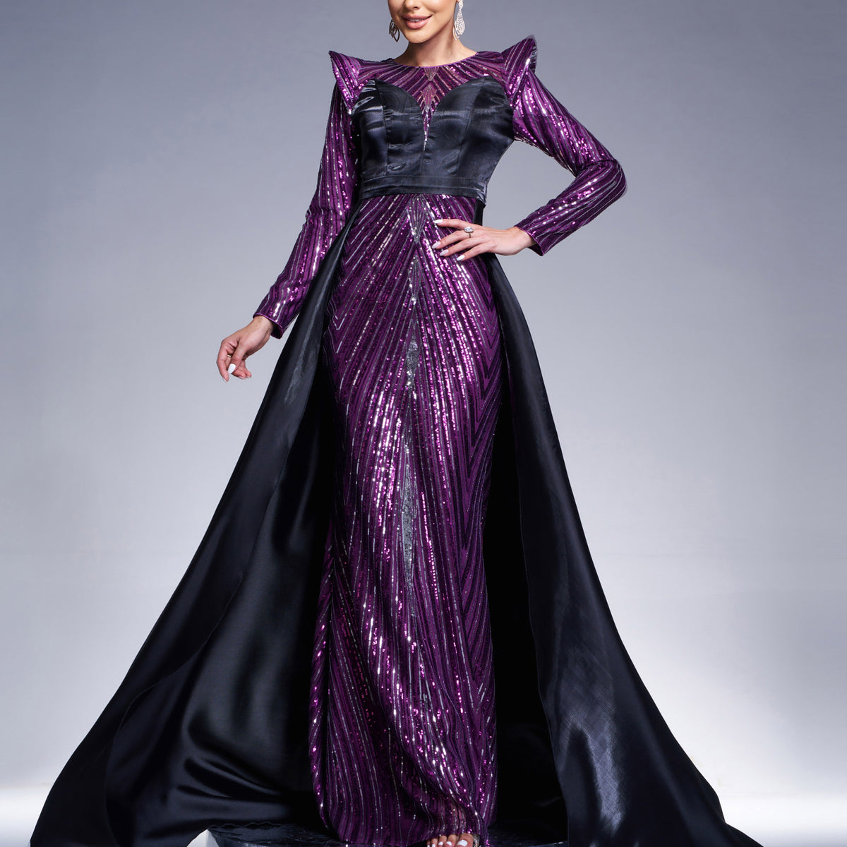 Purple Sequin Sheer Cape Evening Dress Gz60044 – Miss Ord