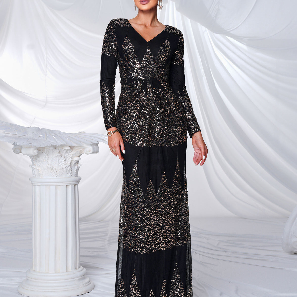 Missord Lantern Sleeve V Neck High Split Black Prom Dress Rm21107