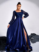 A-line Long Sleeve Blue Evening Dress GM90143