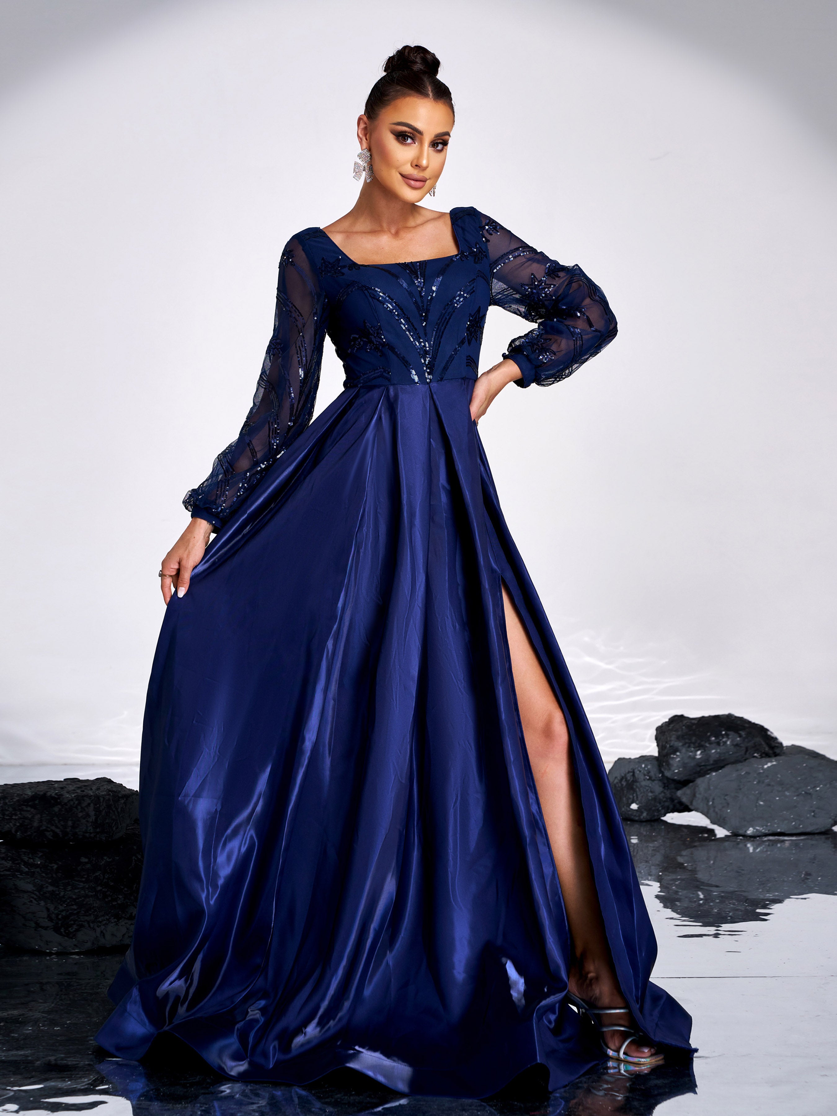 A-line Long Sleeve Blue Evening Dress GM90143