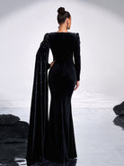 Black Velvet Ribbon Long Sleeve Evening Dress MES00645