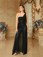 MISSORD One Shoulder Sequin Ribbon Black Casual Jumpsuit 