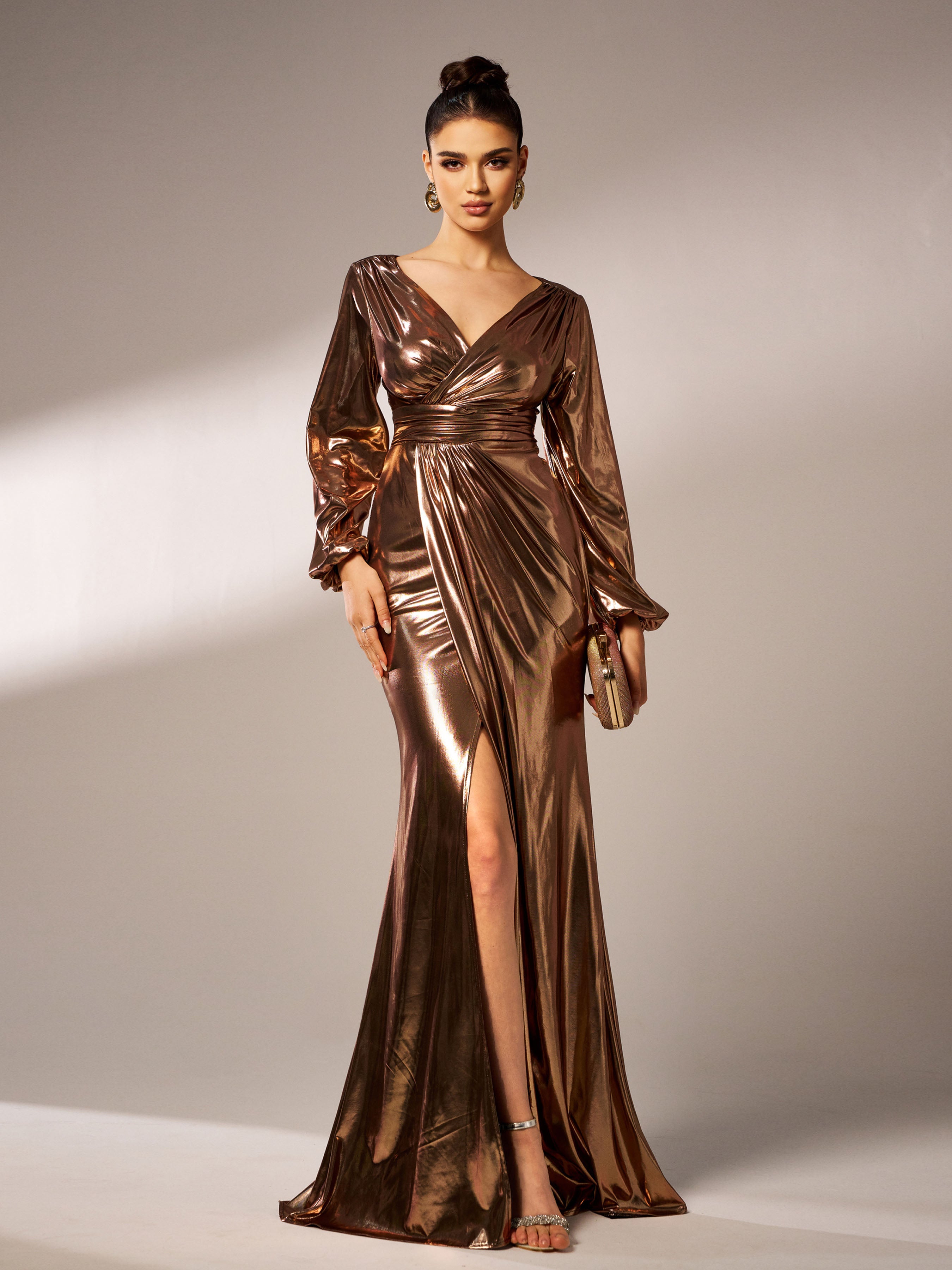 Wrap Long Sleeve Metallic Prom Dress RJ12035