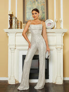 MISSORD Spaghetti Strap Sleeveless Sequin Apricot Prom Jumpsuit