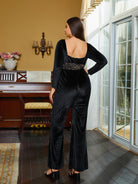 MISSORD Plus Size Sweetheart Neck Long Sleeve Velvet Jumpsuit