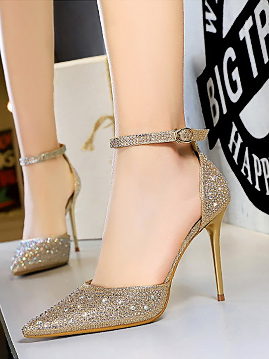 Pointed Toe Hollow Strap Shiny Rhinestone Heels MHE1108