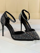 Pointed Toe Hollow Strap Shiny Rhinestone Heels MHE1108 - MISS ORD