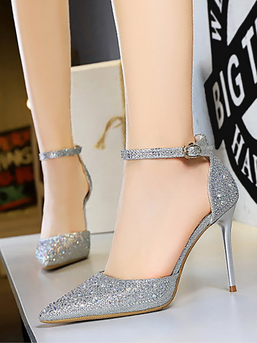 Pointed Toe Hollow Strap Shiny Rhinestone Heels MHE1108 - MISS ORD