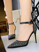 Pointed Toe Hollow Strap Shiny Rhinestone Heels MHE1108 - MISS ORD