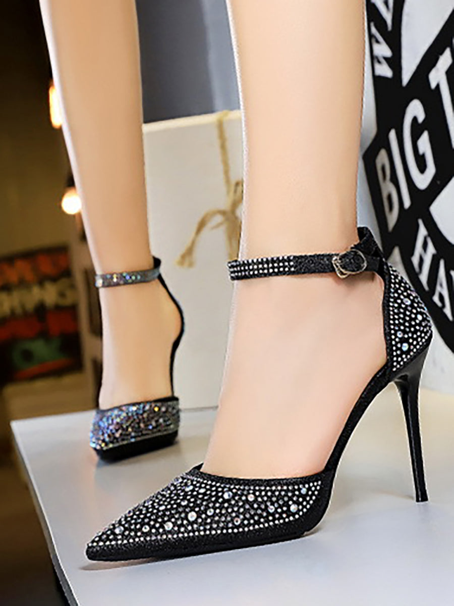 Pointed Toe Hollow Strap Shiny Rhinestone Heels MHE1108