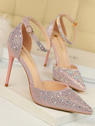 Pointed Toe Hollow Strap Shiny Rhinestone Heels MHE1108