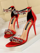 Flower Rhinestone Open Toe One-strap Stiletto Heels MHE1106