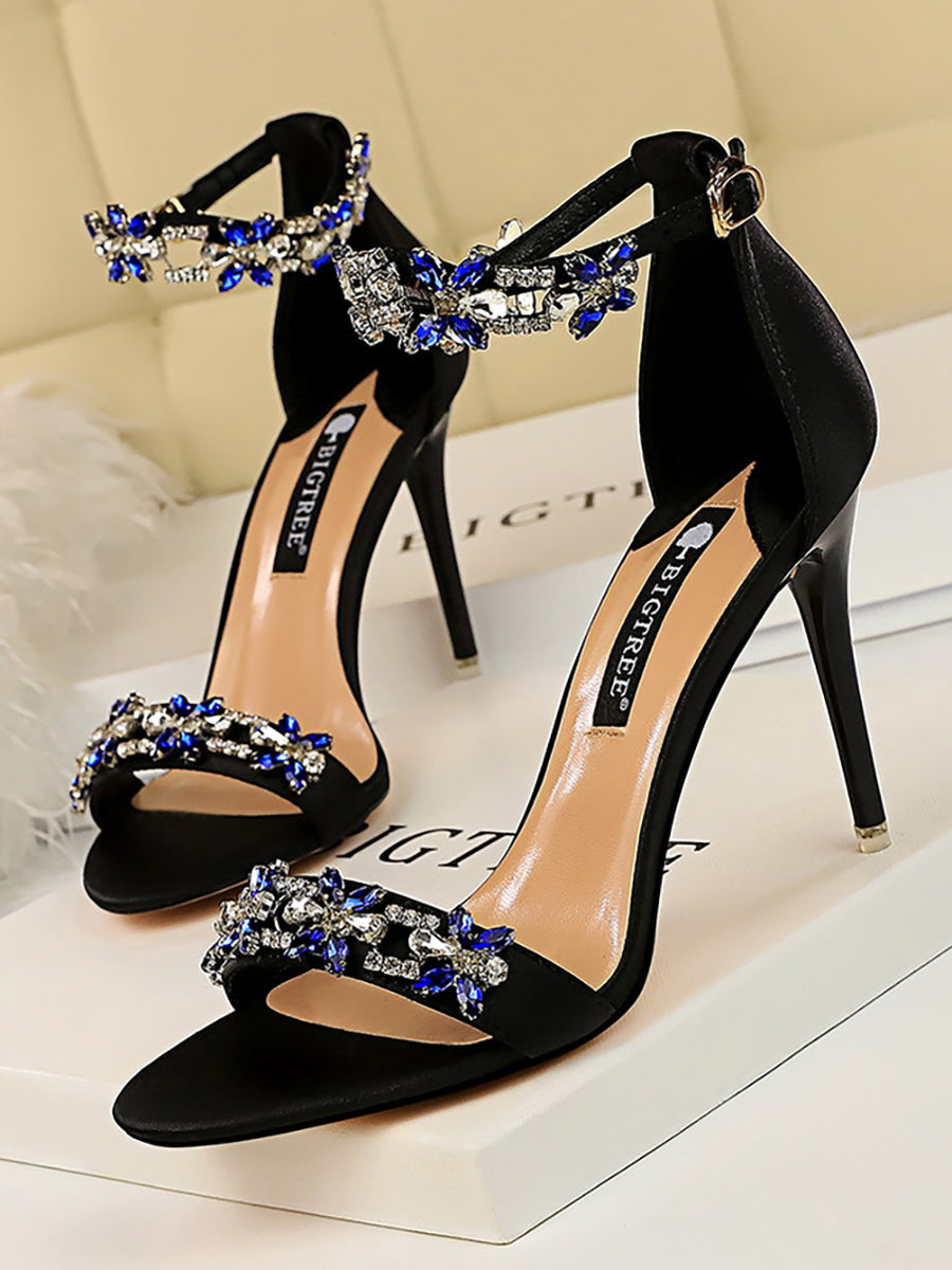 Flower Rhinestone Open Toe One-strap Stiletto Heels MHE1106