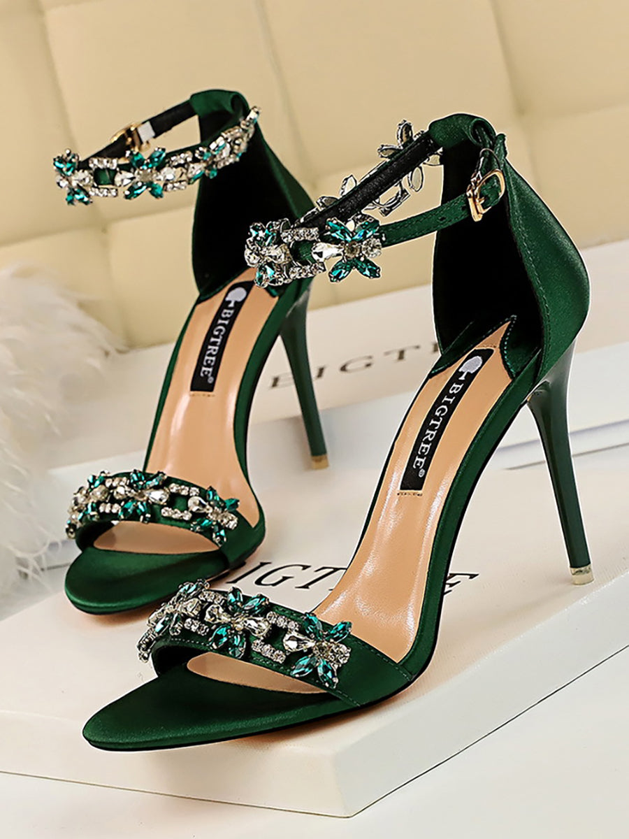 Flower Rhinestone Open Toe One-strap Stiletto Heels MHE1106