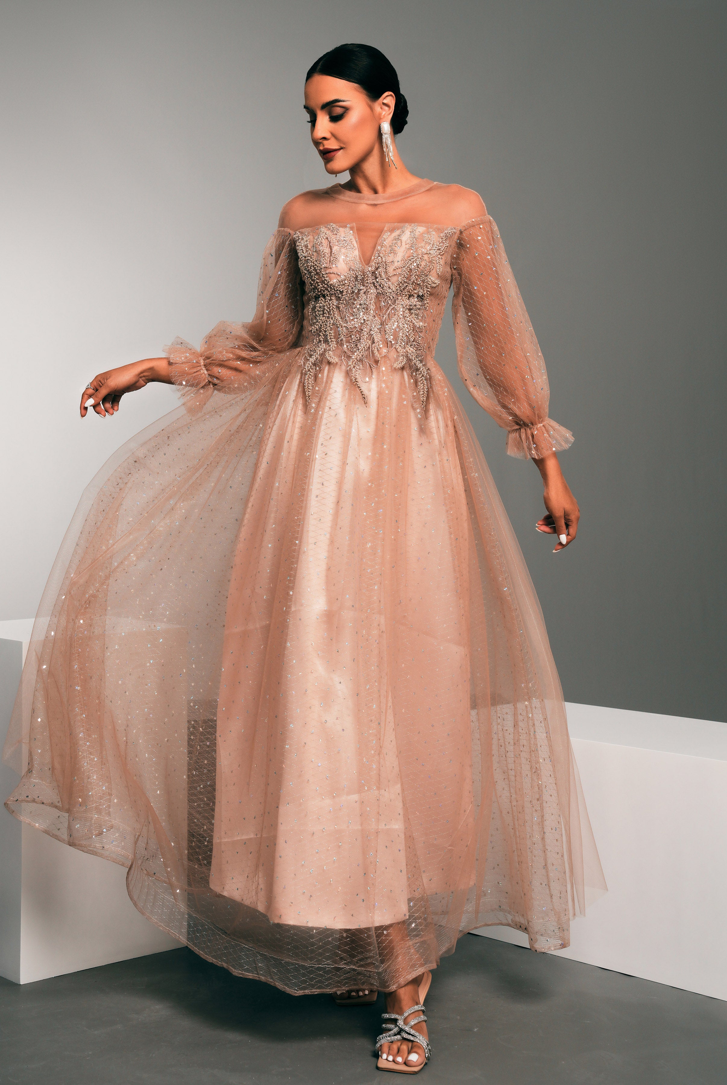 MISSORD Luxury Embodied Sequin Lantern Sleeve Dress