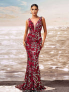 Floral V-neck Sequin Mermaid Prom Dress RJ10790