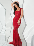 Open Back Mermaid Sequins Red Evening Dress