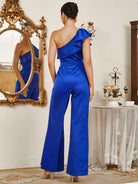 Open Back Ruffle Blue Knit Jumpsuit