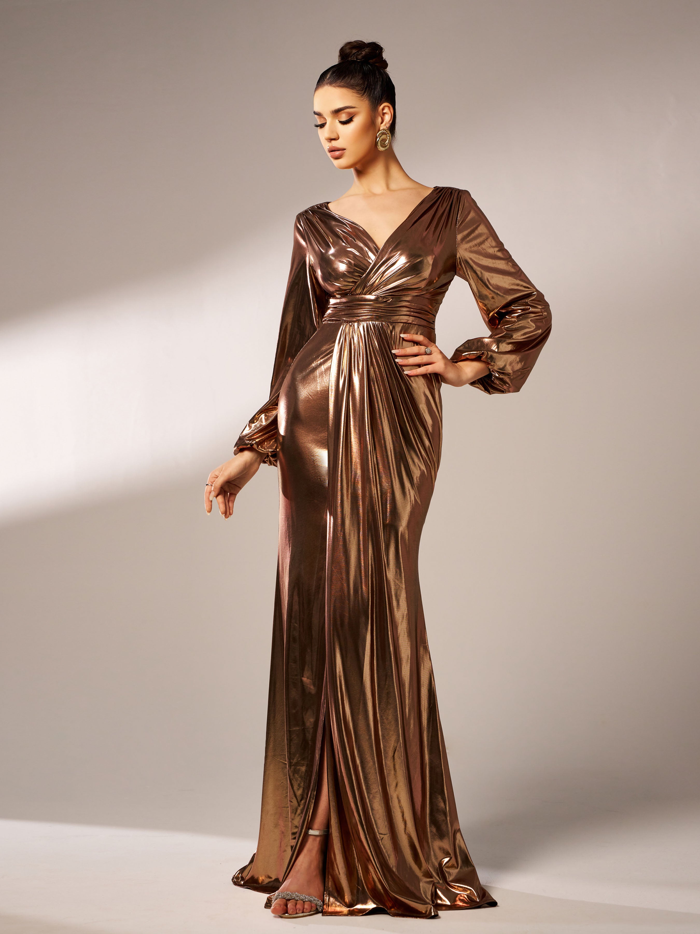 Wrap Long Sleeve Metallic Prom Dress RJ12035