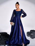 A-line Long Sleeve Blue Evening Dress GM90143