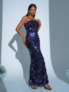 Tube Top Sequin Blue Maxi Dress RJ11580 - MISS ORD