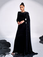 Black Velvet Ribbon Long Sleeve Evening Dress MES00645