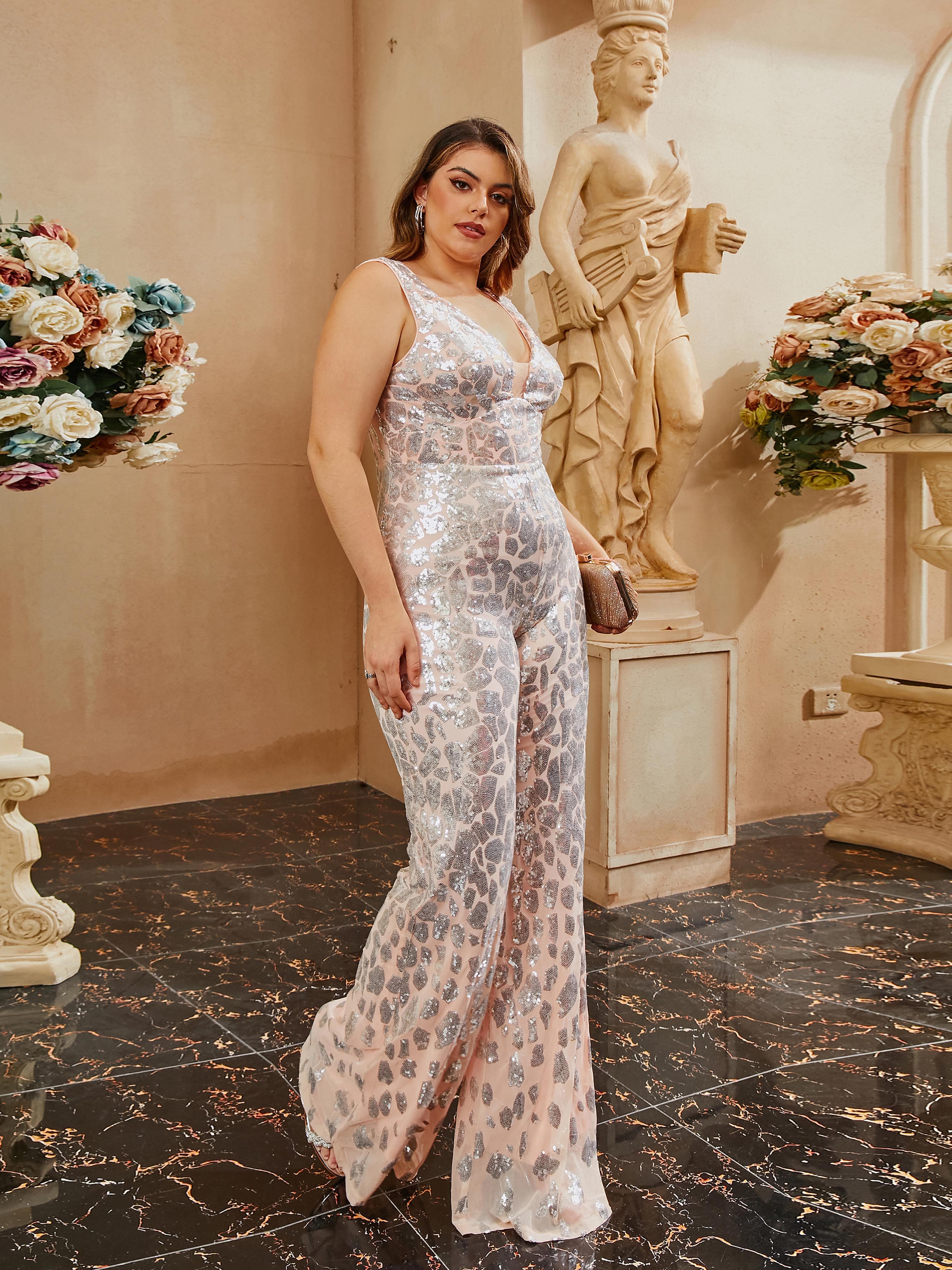 Plus Size V-Neck Backless Sleeveless Sequin Jumpsuit PRH30063