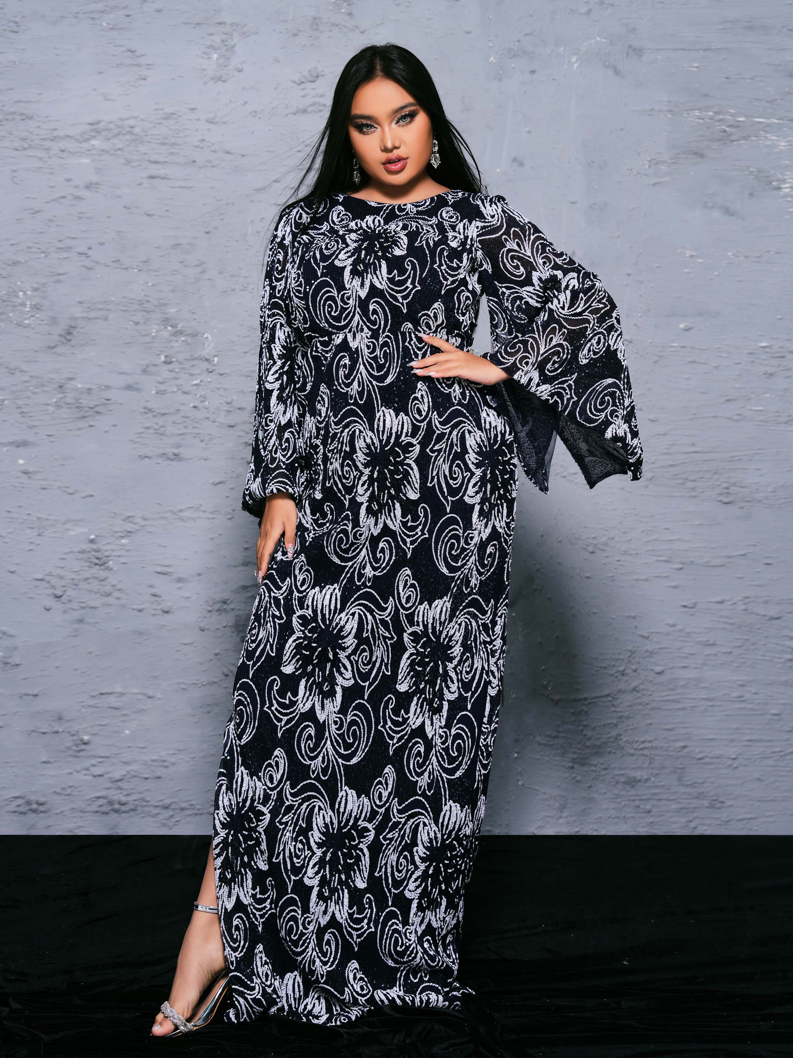 MISSORD Plus Flared Sleeve Printed Split Dress