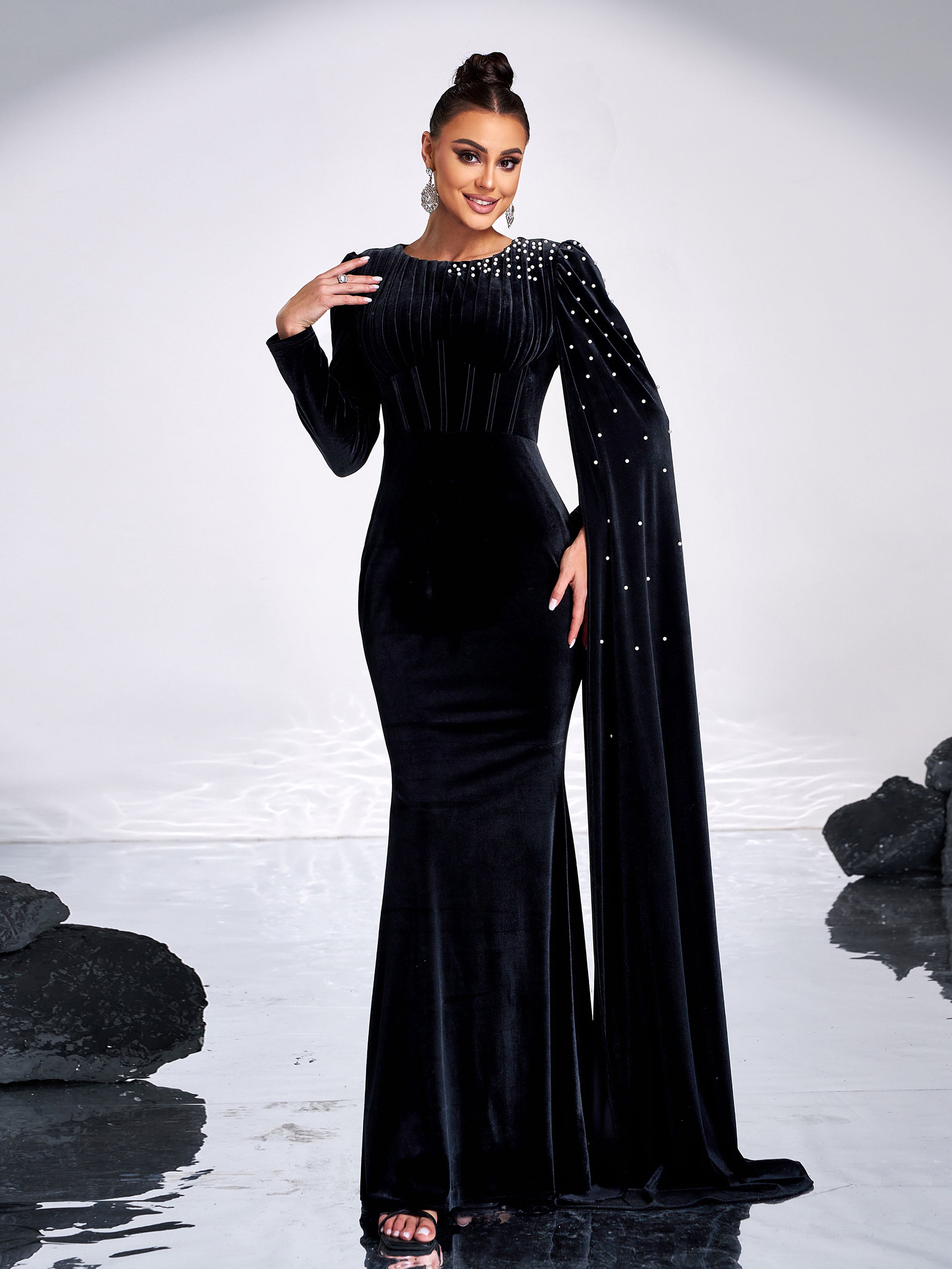 Black Velvet Ribbon Long Sleeve Evening Dress MES00645