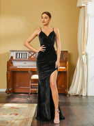 Spaghetti High Split Ruched Black Velvet Prom Dress