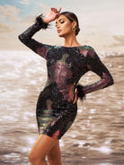 Feather Sleeve Contrast Black Sequin Mini Dress GM90013 - MISS ORD