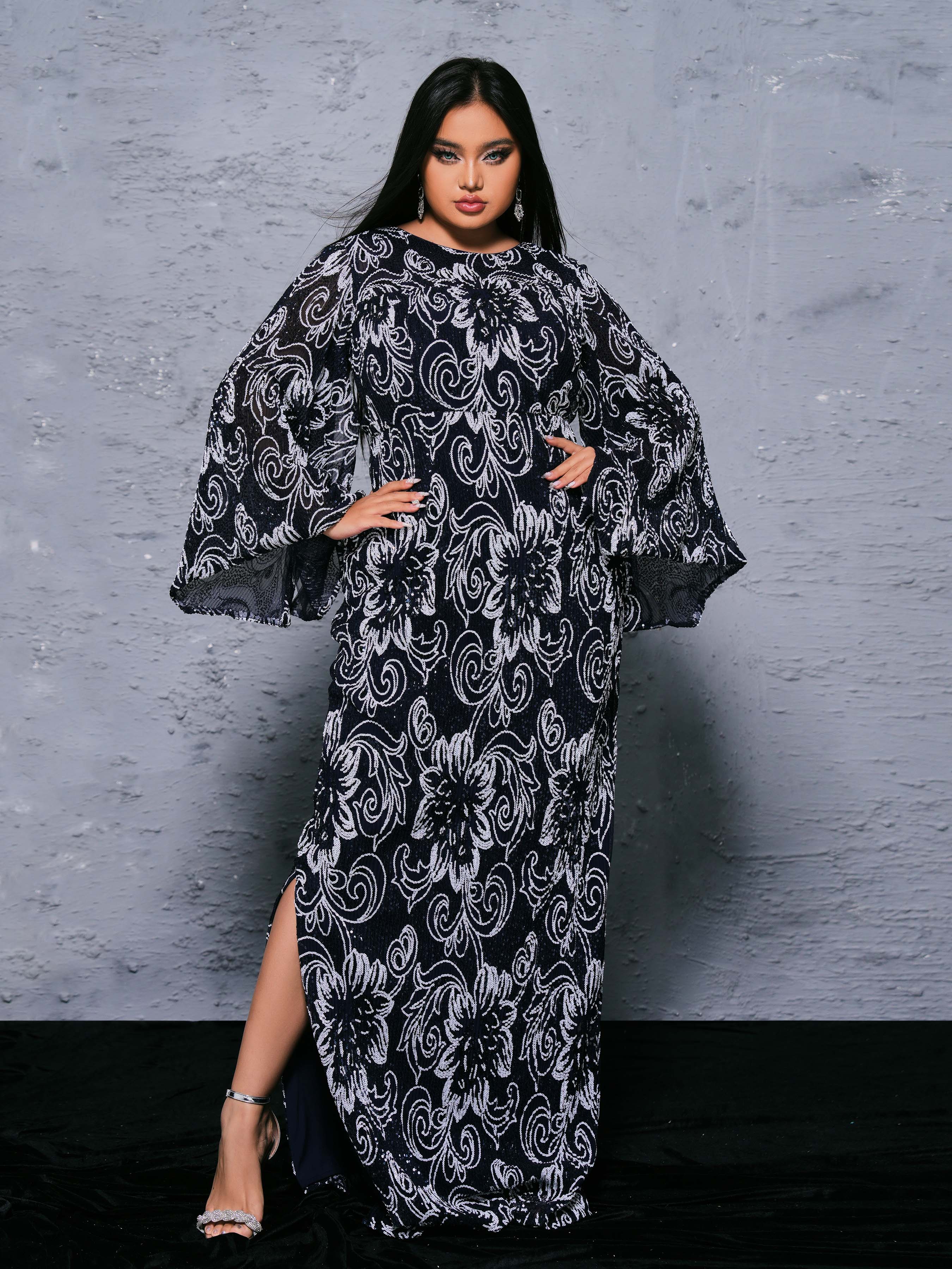 MISSORD Plus Flared Sleeve Printed Split Dress