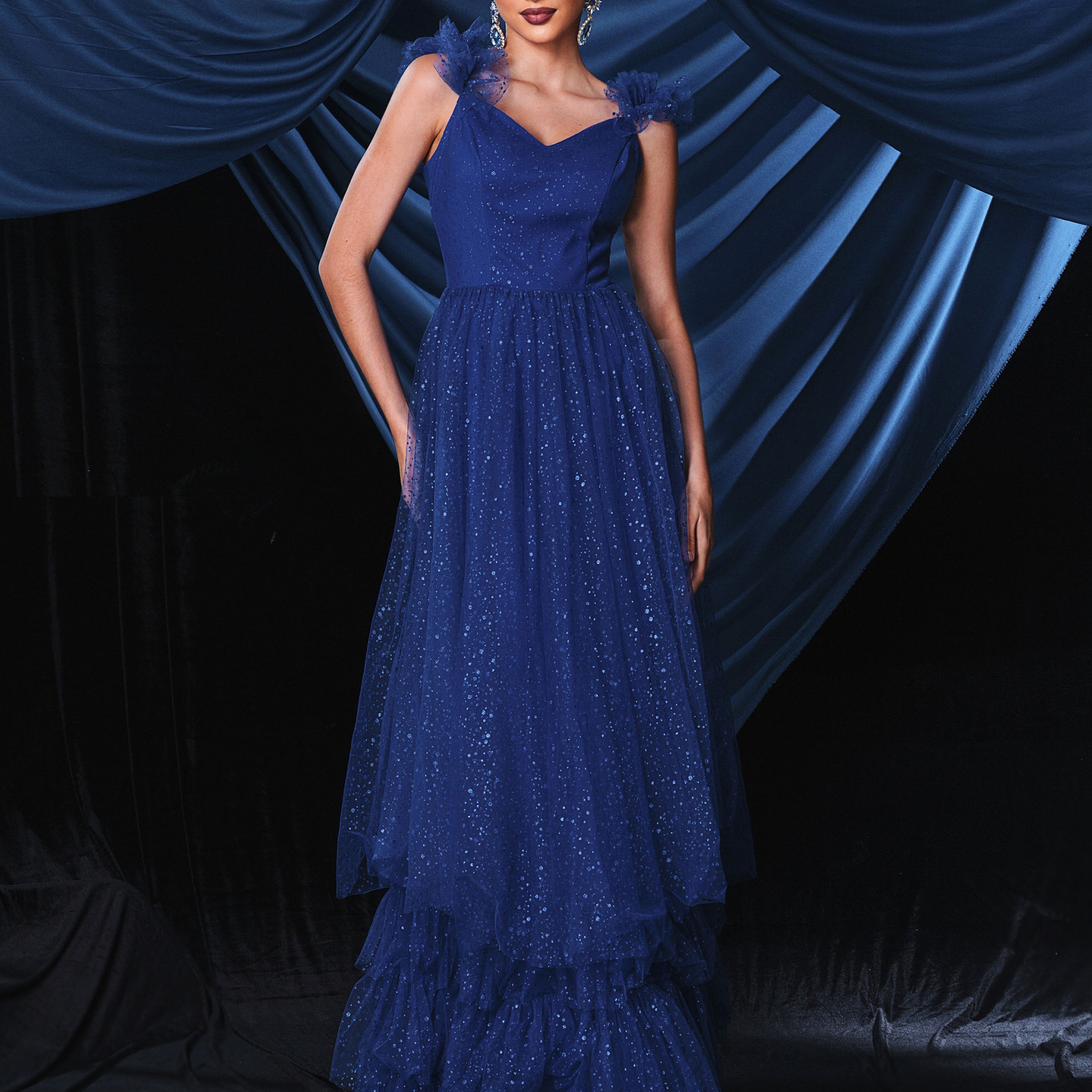 Sleeveless Blue Layered Hem Tulle Dress RH30939