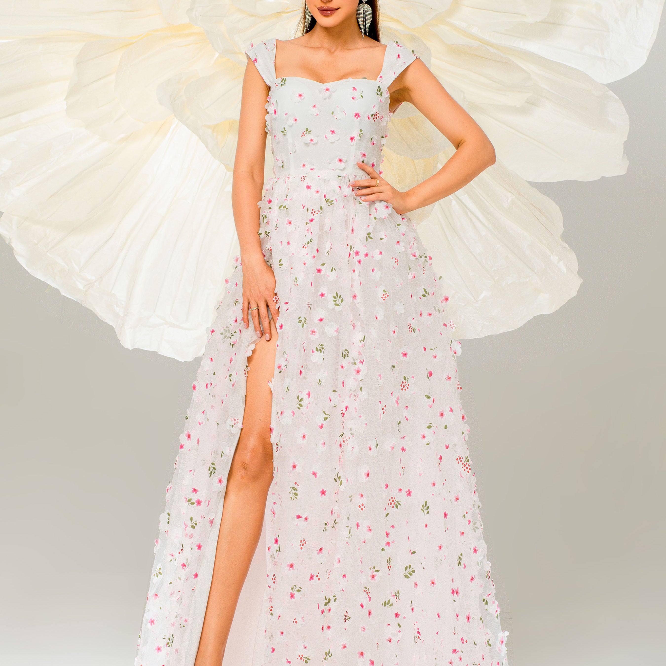 Appliqued Pink Camisole Floral Tulle Dress GM00142