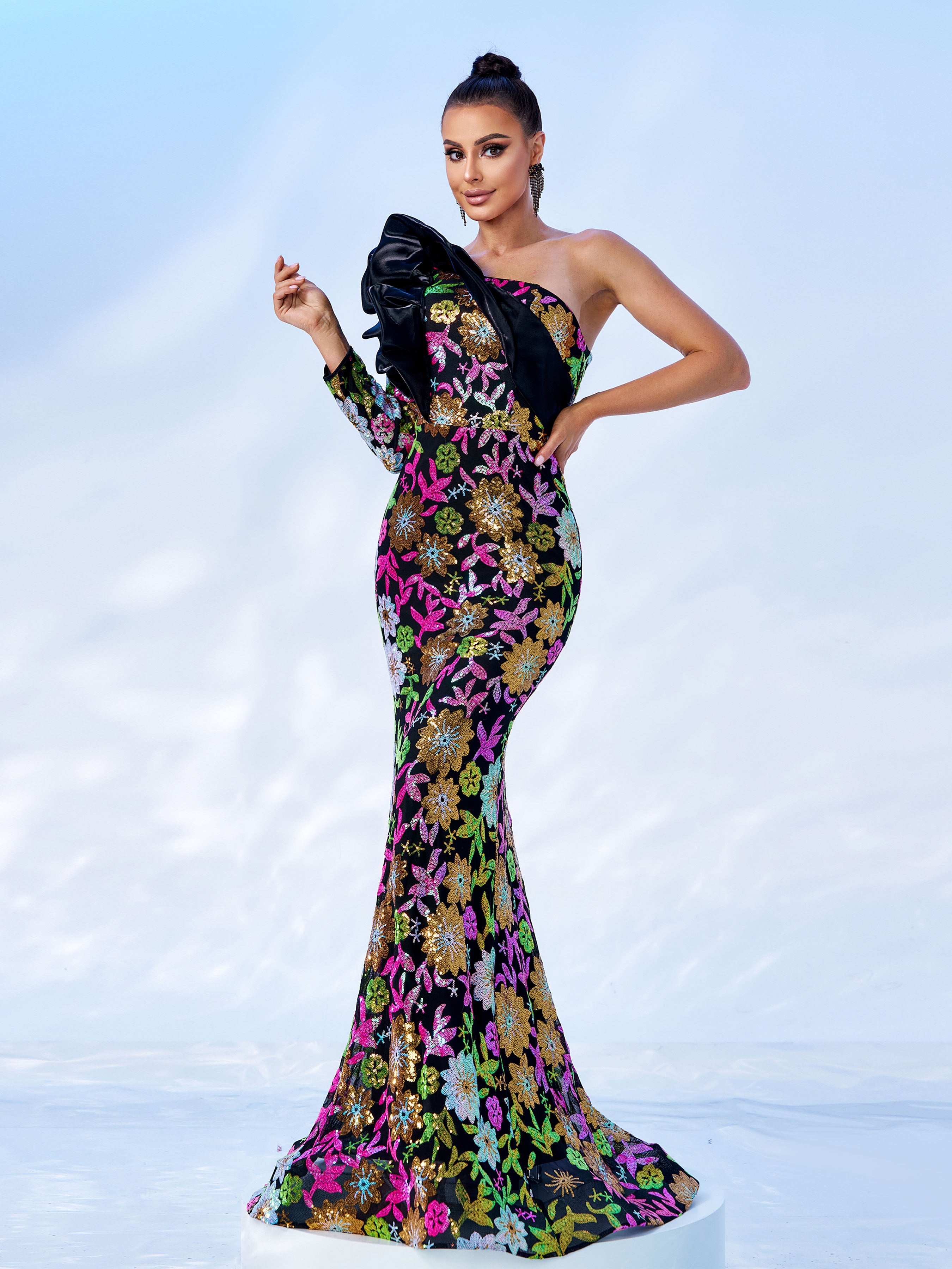 One Shoulder Ruffled Floral Sequin Evening Dress DH80183