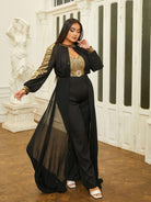 MISSORD Plus Size Panel Ribbon Lantern Sleeve Jumpsuits