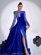 Floral Beaded Pleated Floor Length Velvet Gown DH80182 - MISS ORD