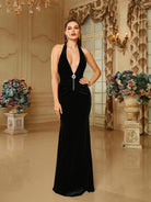 Formal Deep V-Neck Halter Velvet Black Evening Dress RJ10421 MISS ORD