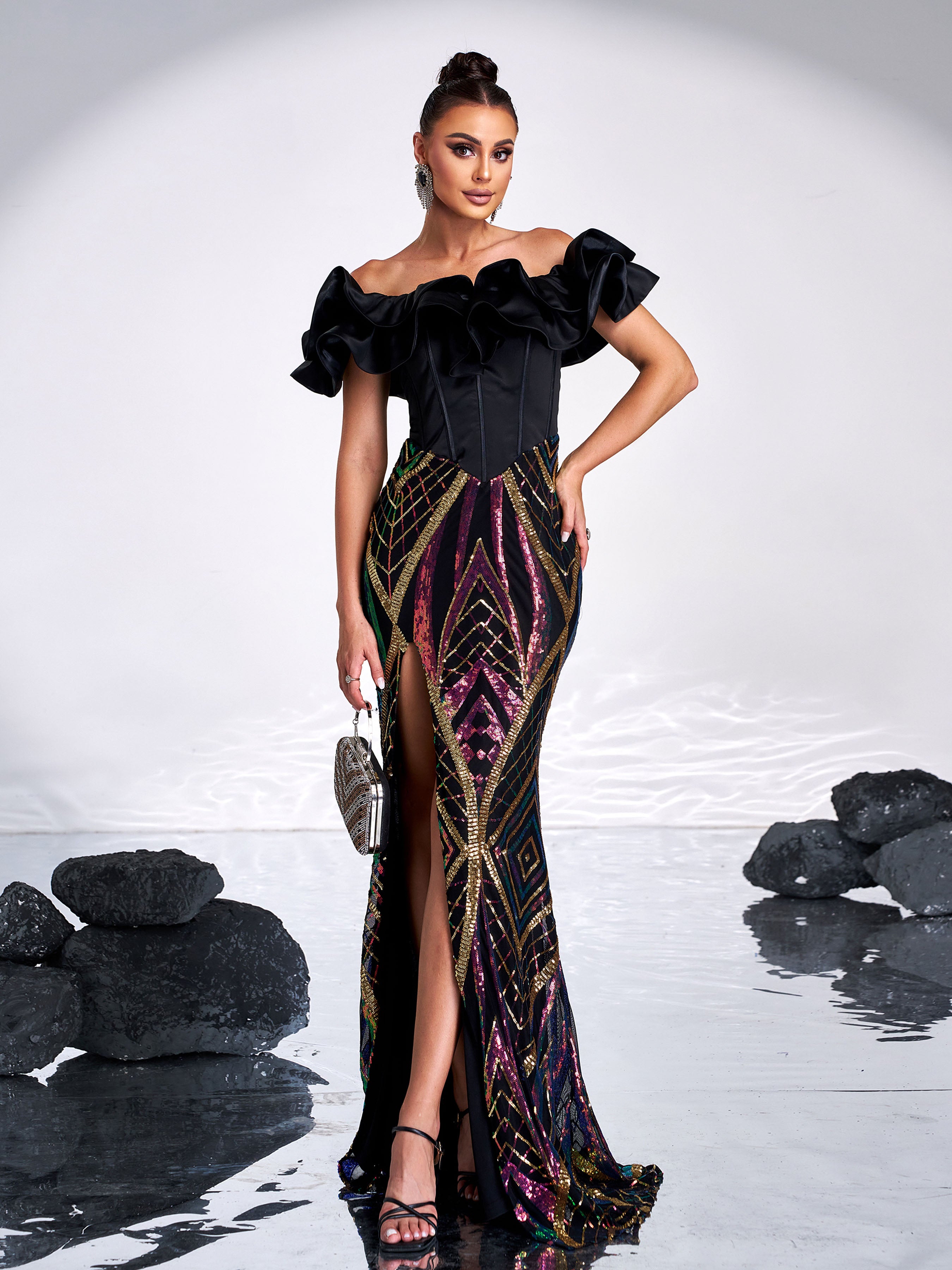 Off-the-Shoulder Ruffled Panel Evening Dress RJ11974