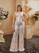 Plus Size V-Neck Backless Sleeveless Sequin Jumpsuit PRH30063