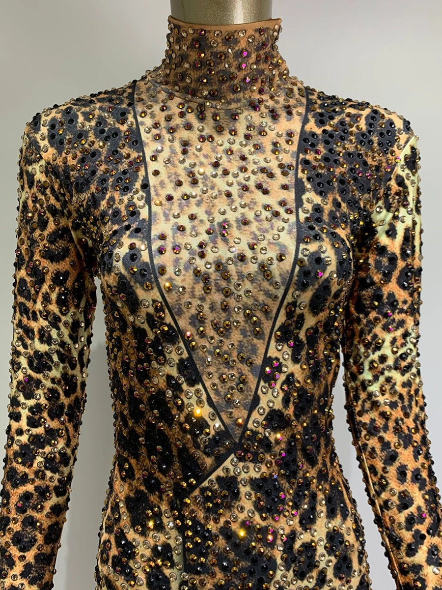 MISSORD Leopard Print Long Sleeve Rhinestone Jumpsuits