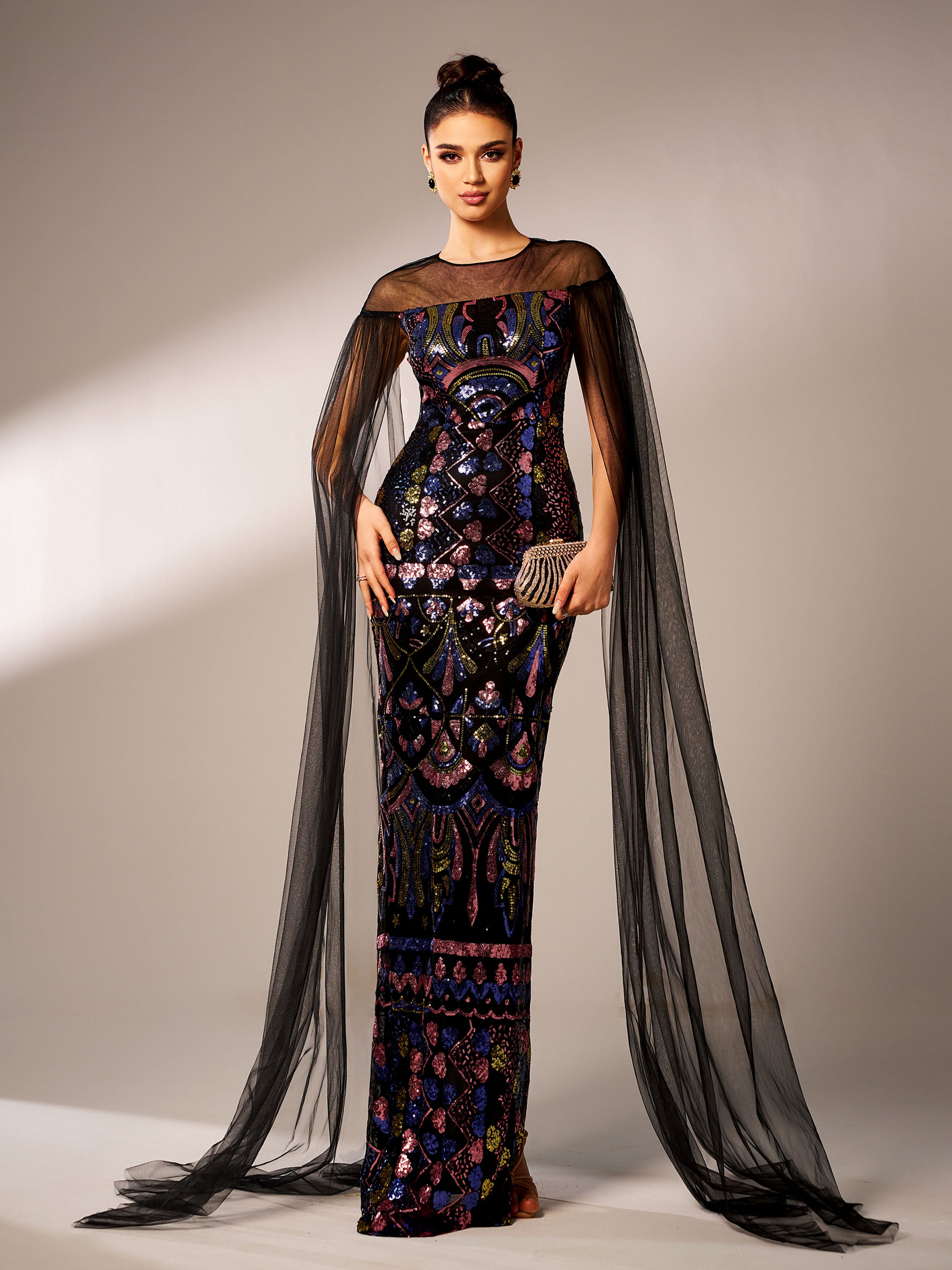 Mesh Cape Sleeve Sequined Formal Dress MES00646