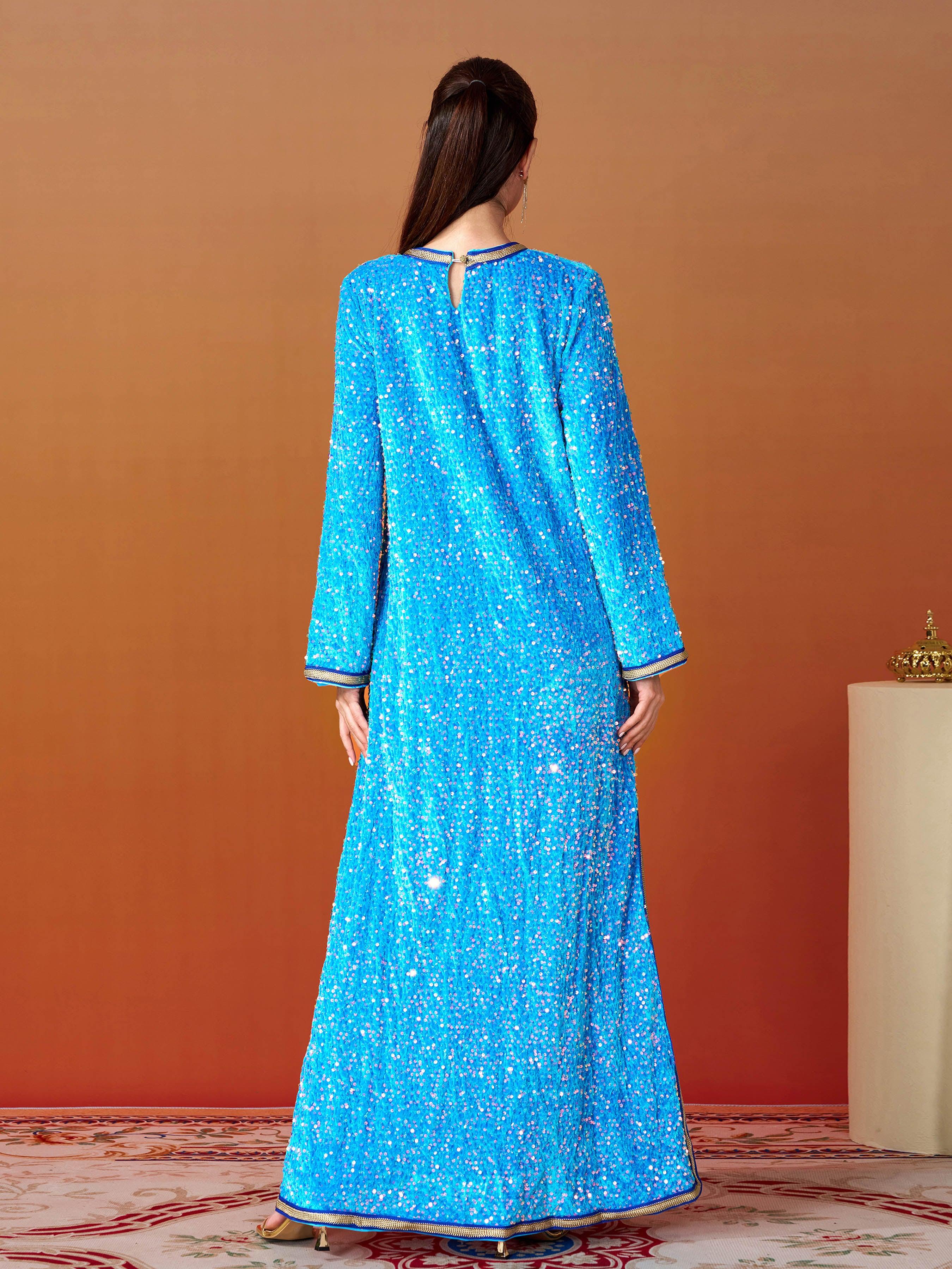 V-neck Long Sleeve Sequin Split Dress MES00469 - MISS ORD