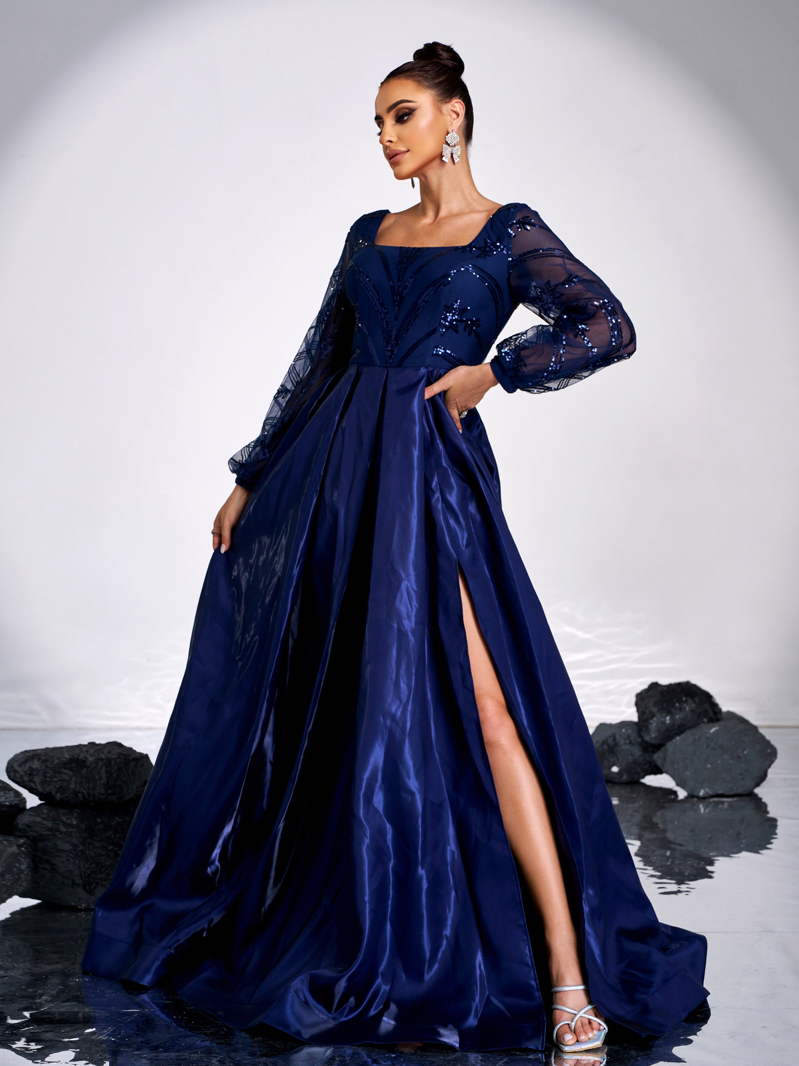 A-line Long Sleeve Blue Evening Dress GM90143