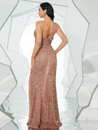 One Shoulder Sequins Ruched Split Prom Dress