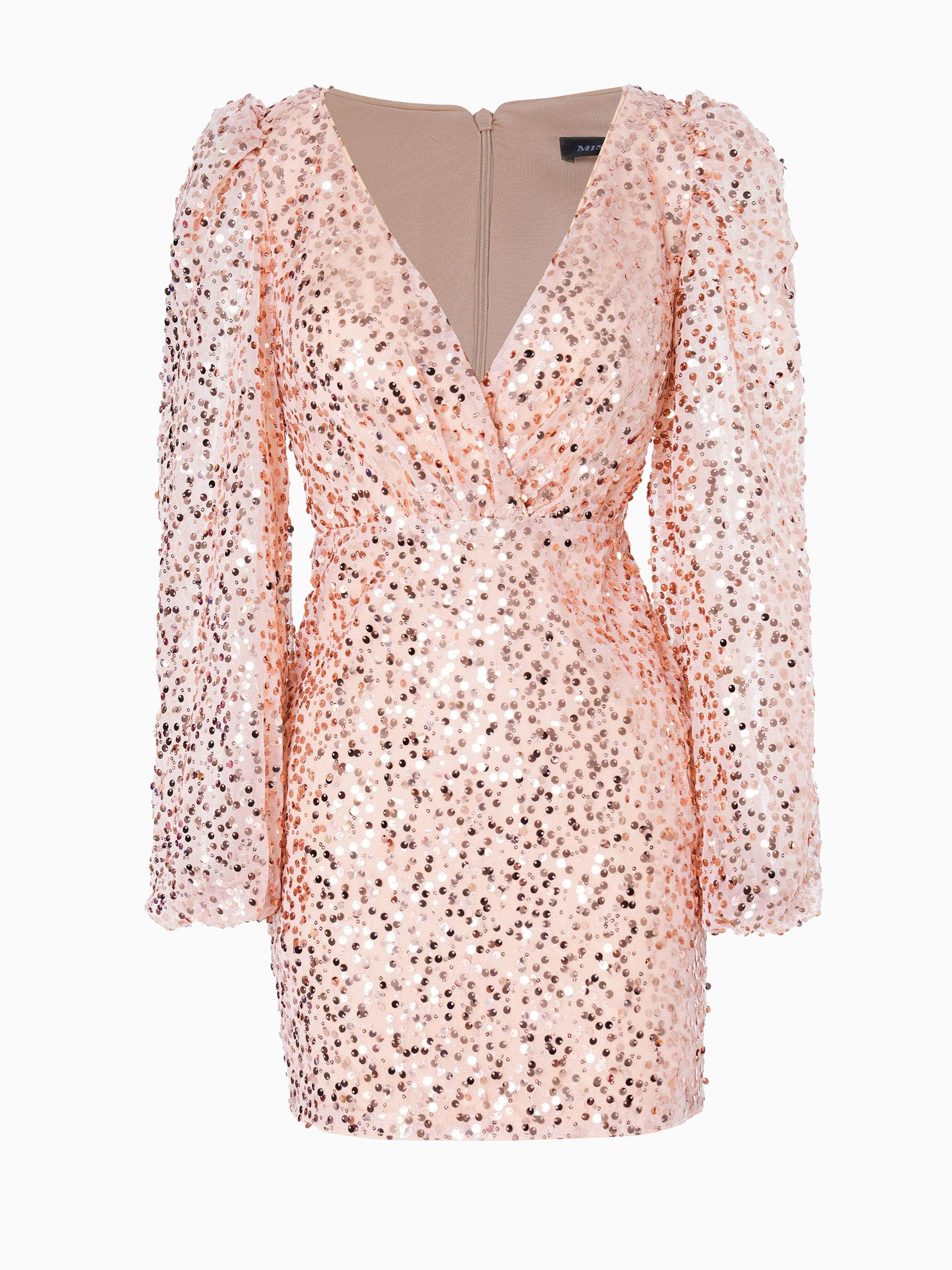 Lantern Sleeve V-neck Sequin Cocktail Dress RJ10566 - MISS ORD