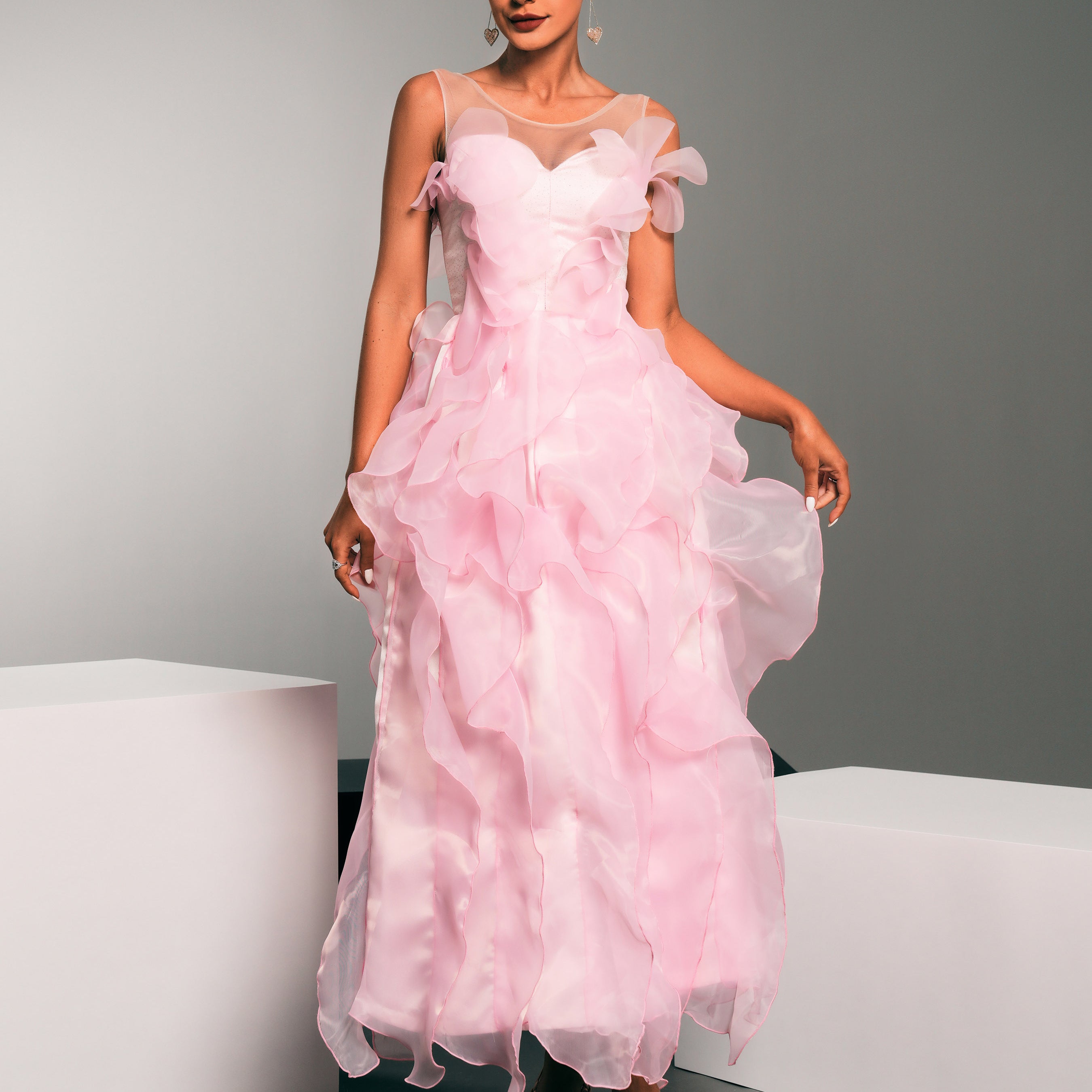 Sleeveless Appliqued Ruffled Gown Dress GM90041