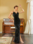 Spaghetti High Split Ruched Black Velvet Prom Dress