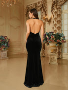 Formal Deep V-Neck Halter Velvet Black Evening Dress RJ10421 MISS ORD