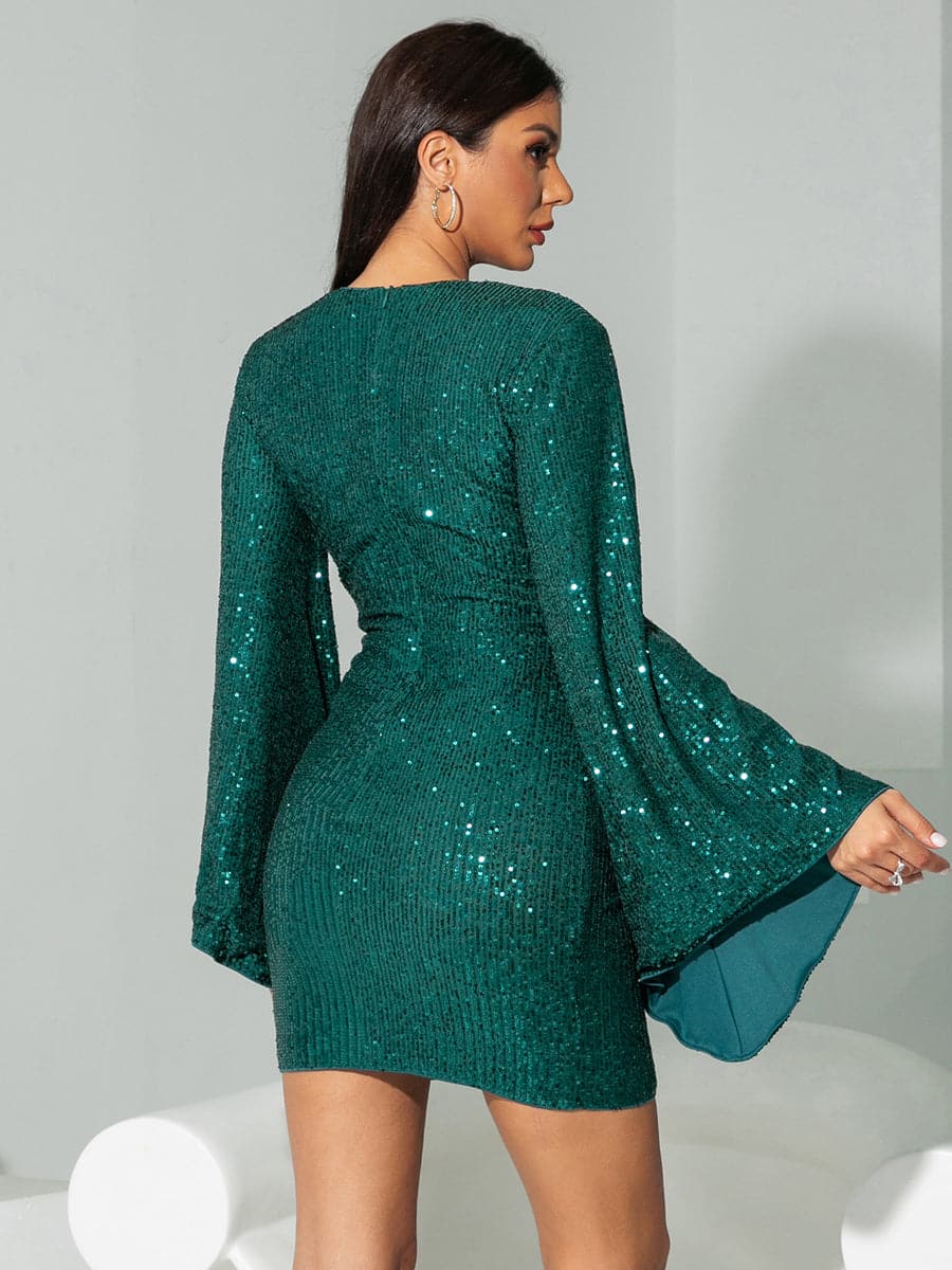 Bell Sleeve Sequins Green Cocktail Dress